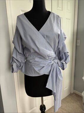 Lumiere Striped Blue Wrap Tie Blouse - Women M